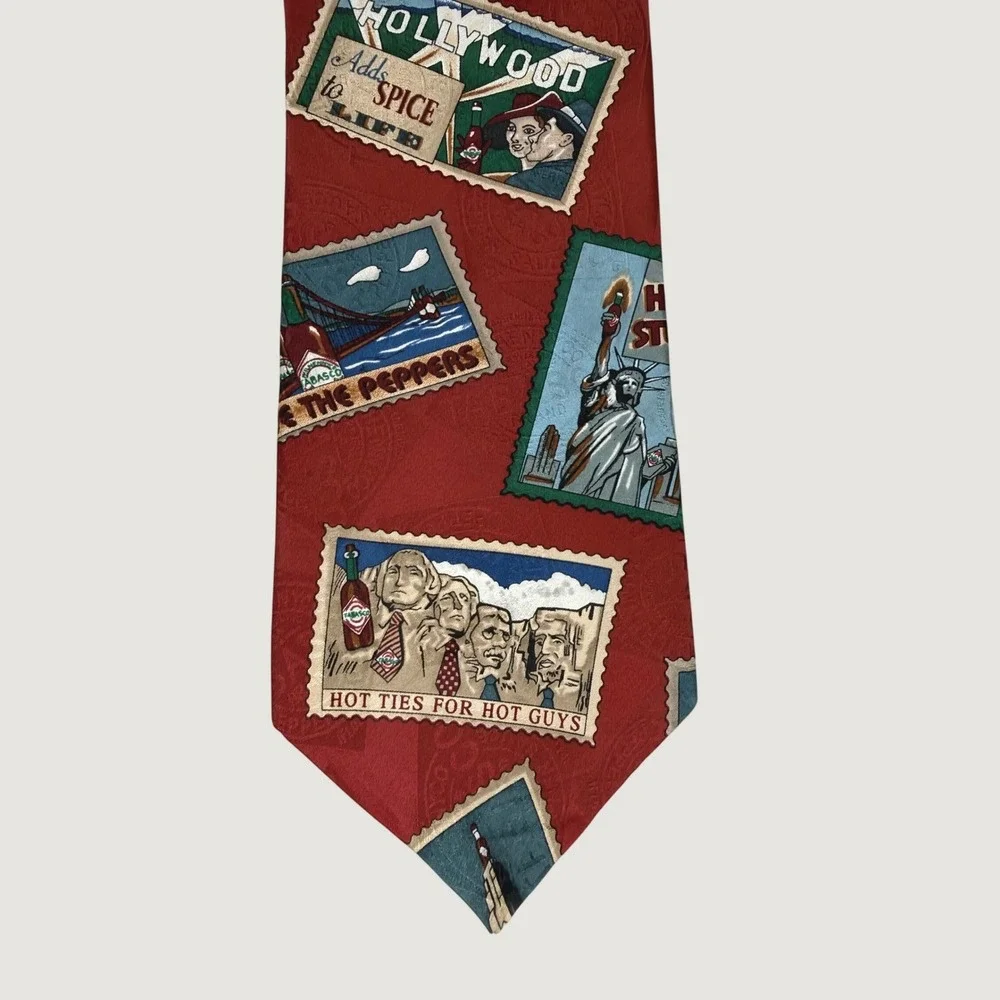 Tabasco Silk Tie Hot Ties for Hot Guys Travel Stamp Novelty Red Necktie
